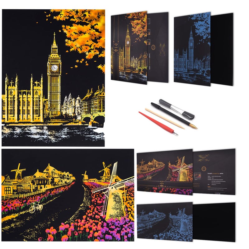 BOTEEN Rainbow Scratch Painting Paper By BOTEEN,City Series Night Scene,Scratch Painting Creative Gift,Scratchboard for Adult and Kids,with 4 Tools,Size:16''x11'' (Dutch Windmill,Big Ben) - Image 1